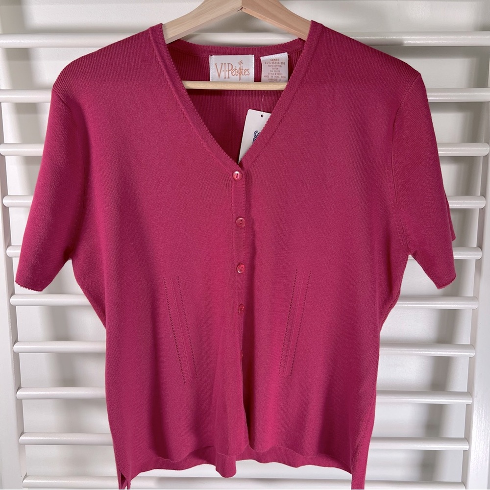 NWT Vintage Deadstock VIPetites 100% Cotton Rose V-Neck Short Sleeve Cardigan